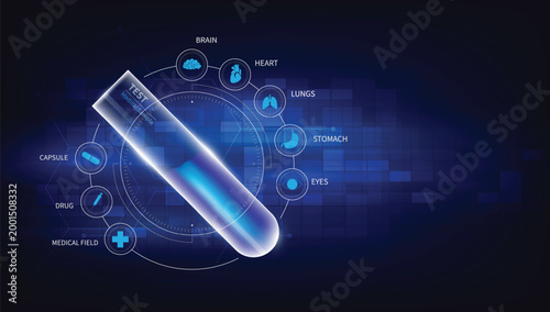 Medical Breakthrough in the Lab: A detailed illustration shows a futuristic, glowing test tube surrounded by icons representing medical concepts, hinting at scientific innovation and medical research.