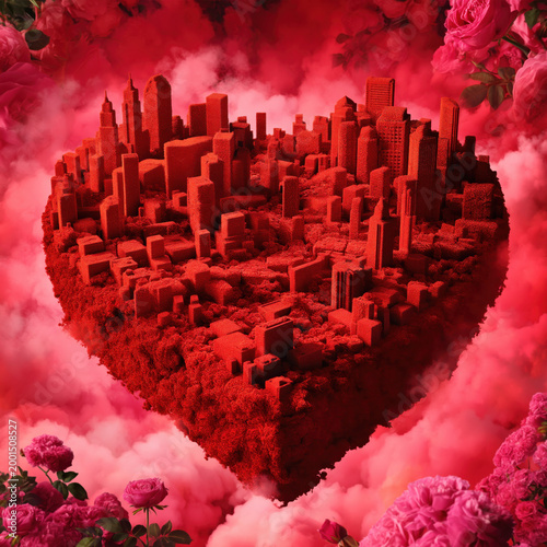 Heart shaped floating metropolis made of red roses and velvet textures above dreamy pink clouds, surreal romantic cityscape with dramatic lighting, Valentine’s Day fantasy concept of love and imaginat