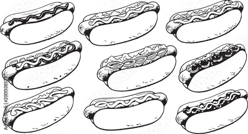Hot dog sketch vector set hand drawn fast food illustration collection on white