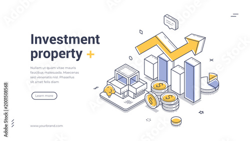 Isometric web banner for investment property. Financial analytics and real estate business concept vector illustration. Use for landing page, presentation, website template, online marketing