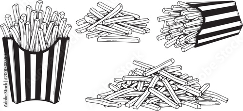 French fries sketch vector set fast food fries in box and bulk hand drawn illustration