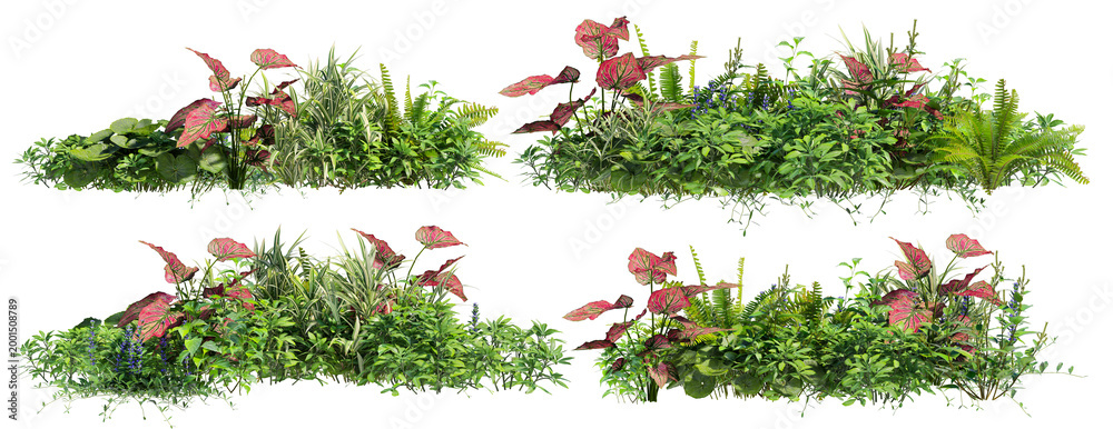 Naklejka premium A small garden decorated with many plants on a transparent background.