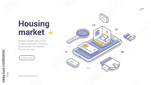 Housing market isometric web banner. Real estate online service and property search vector illustration. Modern template for landing page, website, or mobile app presentation for buying a new home