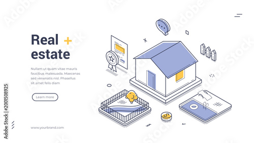 Real estate isometric web banner. Property investment and mortgage service concept. Modern landing page template vector illustration for home ownership and agency business website
