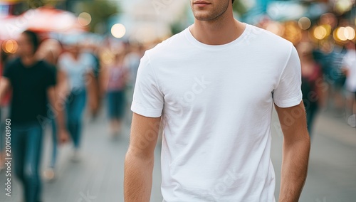 Casual male in white tee walks through a blurred, busy outdoor street scene
