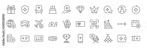 Member benefit icon set. It includes vip, exclusive, premium, perks, and more icons. Editable Vector Stroke.