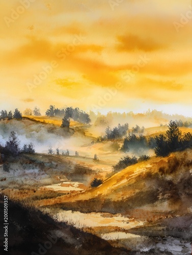 Golden sunrise landscape watercolor painting with misty hills, trees, and reflective water, warm sky background and ample copy space for text.