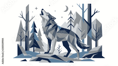 Geometric Wolf Howling at Moon in Abstract Winter Forest Landscape