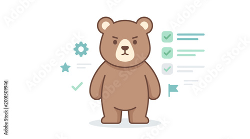 Grumpy Bear Mascot with Checklist and Gear Icons, Task Management Concept