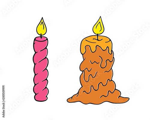 Burning candle doodle, hand drawn flame with wax drips memorial memory contour, blackout time candlelight for power outage romantic dinner. Isolated. Vector illustration