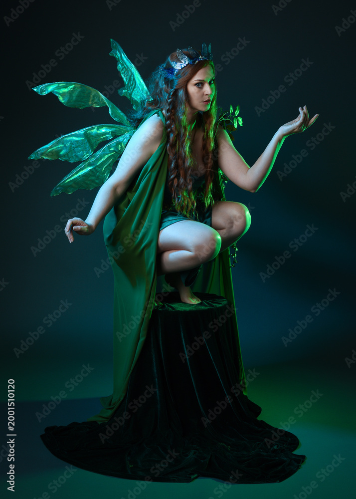 Fototapeta premium portrait of female model wearing fantasy fairy costume, green dress, cloak, butterfly wings and crown. full length crouching pose, isolated on dark studio background.