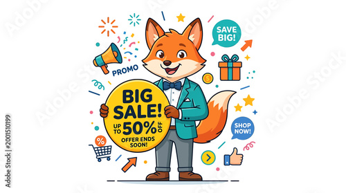 Happy Fox Character Promoting Big Sale with 50% Discount Offer