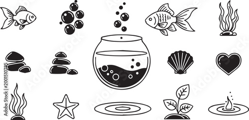 Aquarium Fish Water Nature Outline Icons Set Isolated on White Background