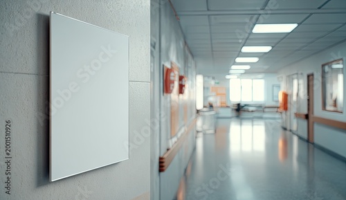 An empty blank white sign mounted on a textured wall in a modern, well-lit hospital hallway