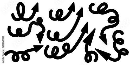 Wide arrow icons, black dot direction symbol, dotted pointer, zig zag arrow right direction. Vector flat set arrow