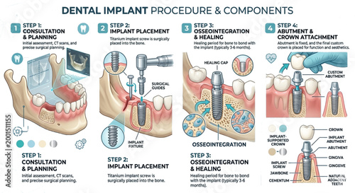 A comprehensive educational infographic titled "Dental Implant Procedure & Components". It illustrates the four primary stages of dental implantation: consultation and planning with CT scans, implant 