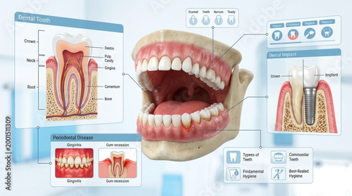 This collection of professional medical infographics provides a detailed look at dental anatomy and pathology. It features high-definition cross-sections of human teeth, illustrating internal structur