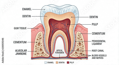 These educational medical illustrations provide a comprehensive guide to dental health. The first image details the step-by-step dental decay progression, from a healthy tooth to a severe pulp infecti