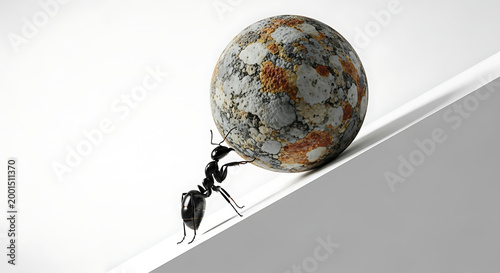 An ant pushing a textured stone ball up a sleek white surface, showcasing determination and strength