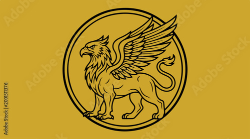 Golden griffin mythical creature emblem on circular background.