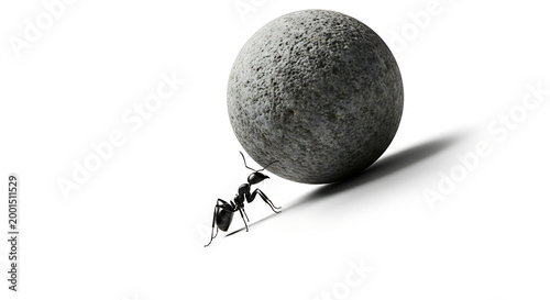 Ant pushing a large stone ball on a white background, symbolizing perseverance and strength