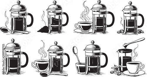 French press coffee engraving sketch vector set scratchboard style cafe illustration