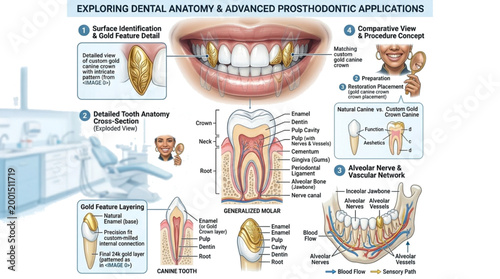 This professional medical infographic provides a detailed exploration of dental anatomy and advanced prosthodontic applications, specifically focusing on custom gold canine crowns. It features cross-s