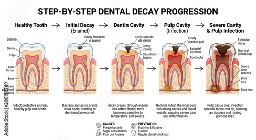 This educational infographic illustrates the five stages of dental decay progression, starting from a healthy tooth to a severe pulp infection. It details how bacteria erode the enamel, penetrate 