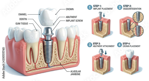 This educational infographic details the Dental Implant Process in four clear steps: implant placement, osseointegration, abutment attachment, and final crown placement. It features a cross-section 
