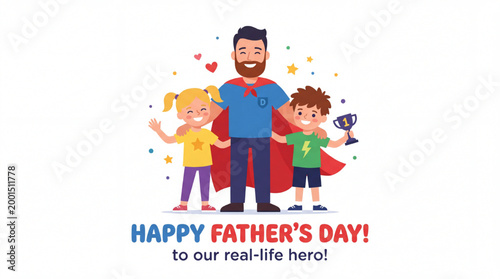 Superhero Dad Flat Vector Illustration with Kids