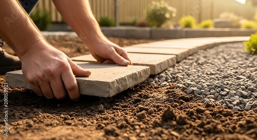 Hands laying paving stone pathway outdoors.