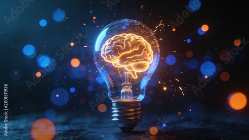 A glowing lightbulb with a human brain inside emits sparks and bokeh lights on a dark background with technology and science concepts.