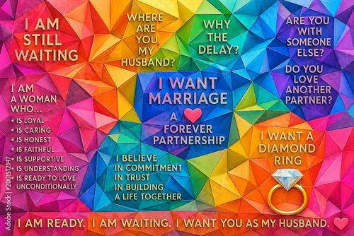 A first person account asks about a missing husband, questions his delay, imagines other partners, lists personal traits, and states desire for marriage and a diamond ring clearly