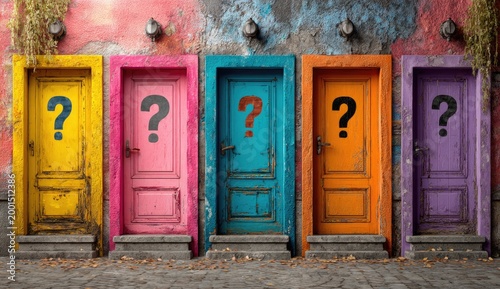 Five colorful doors, each with a question mark, offer choices