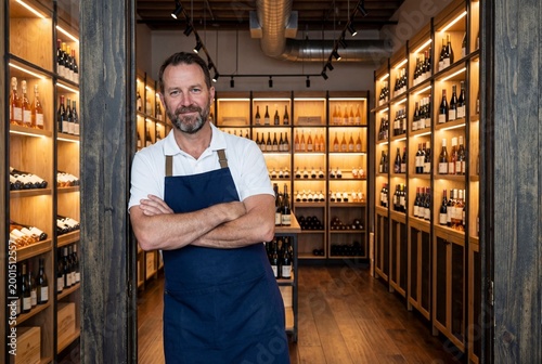 Professional sommelier or wine merchant posing in a luxury boutique