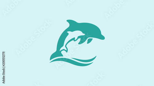 Minimalist vector illustration of a mother dolphin and her baby jumping over waves.