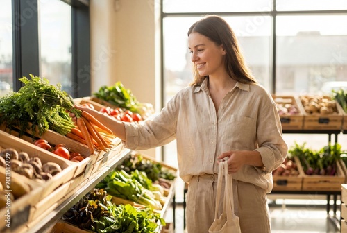 Young woman choosing fresh organic vegetables in a modern grocery market