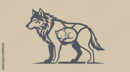 Stylized Wolf Illustration Featuring A Sleeping Wolf Pup Inside Its Silhouette.