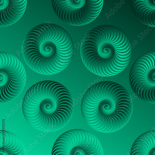 A repeating seamless spiral pattern creates movement and depth. The green palette with its smooth transitions enhances the sense of light and shadow, giving the composition a hypnotic and harmonious 