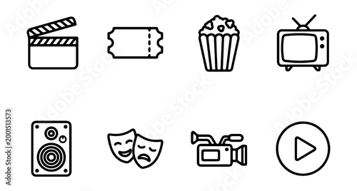 Collection of cinema and theater icons in simple line style