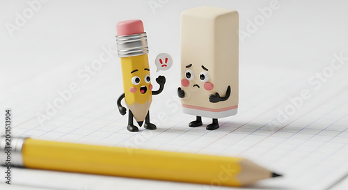 Cute cartoon pencil and eraser characters expressing emotions on a notepad, conveying creativity