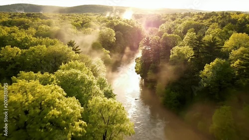 An aerial view showcases a lush, green forest landscape with a winding river cutting through it, bathed in the warm glow of the morning sun.