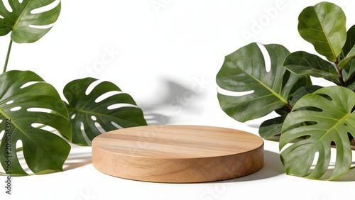 Wooden round platform with green leaves