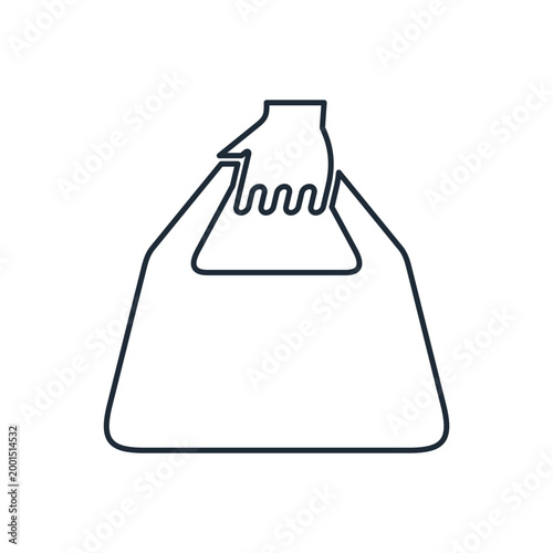 A hand holds a customer's bag. The shopping process, a sales promotion.Vector linear icon isolated on white background.