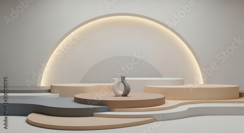 Modern minimalist interior showcasing abstract shapes with a decorative vase in soft lighting