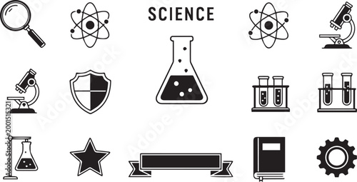Science and Laboratory Vector Icon Set with Flask, Microscope, Atom and Test Tubes