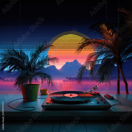 Vinyl record player on table with tropical sunset view through window, palm trees and glowing horizon in neon gradient light, nostalgic lofi music atmosphere with soft reflections and retro aesthetic