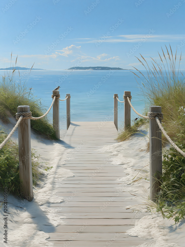Obraz premium narrow seaside boardwalk with soft foam bands and wooden boardwalk, rope posts, and far island glow, seaside bestseller decor