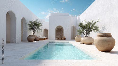 Minimalist white villa courtyard with swimming pool, featuring arched architecture and terracotta pots Luxury Mediterranean home exterior design, summer vacation resort atmosphere, serene travel conce