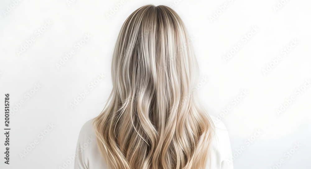 Naklejka premium Back view of a woman with long, wavy blonde hair styled with subtle highlights against a plain white background.